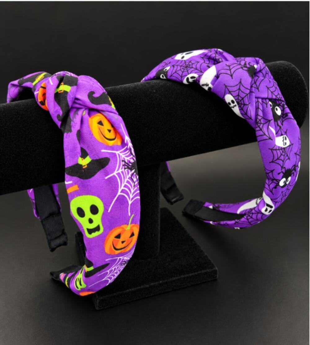 Pair of Purple Halloween Knotted Fabric Headbands Ghosts Pumpkins & Witch's Hats